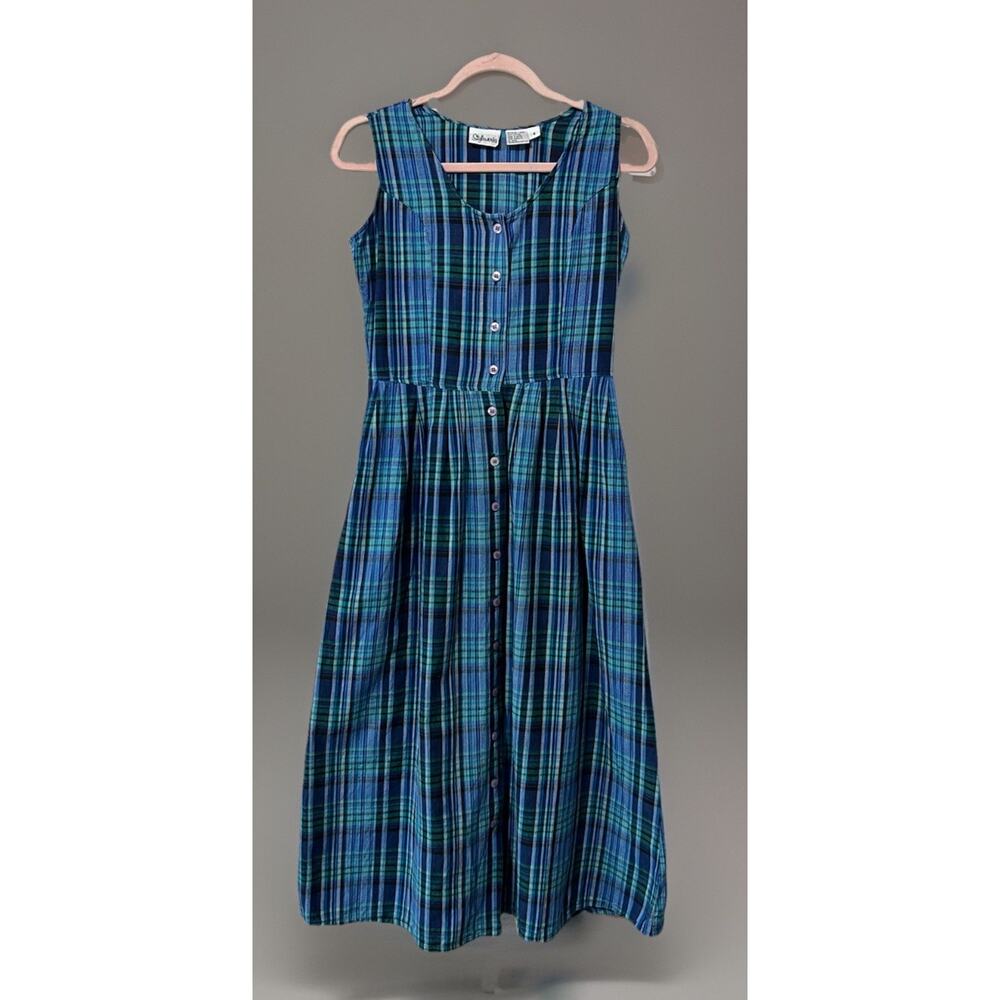 VTG Styleworks Blue Green Tartan Plaid Button Up Dress Jacket Set Cottagecore 4